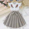 girls' summer dress: cute flutter sleeve printed faux two-piece patchwork plaid a-line skirt for kids