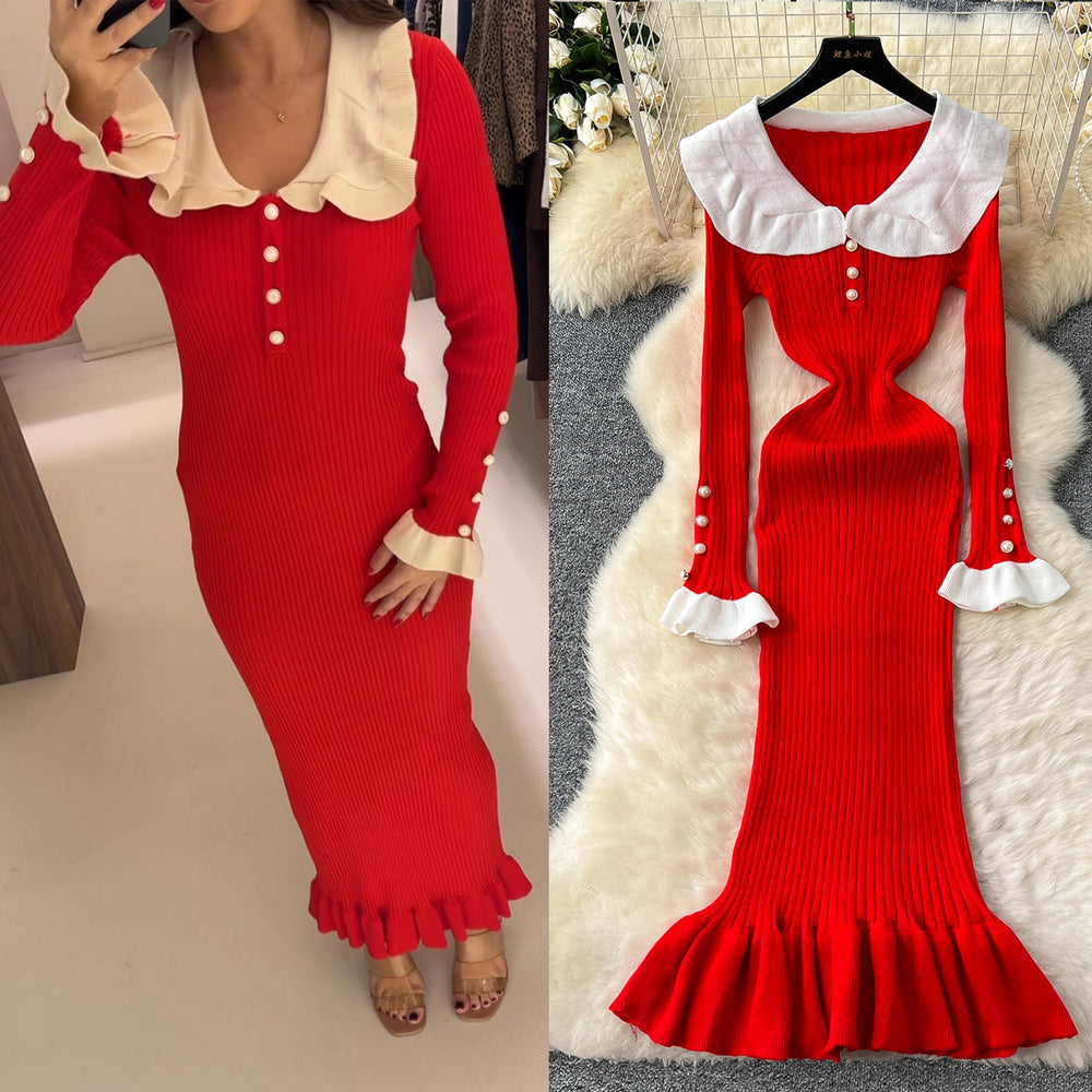 Ruffle trim knit dress - new autumn/winter sweater dress -  vintage lady european & american cross-border french style dress