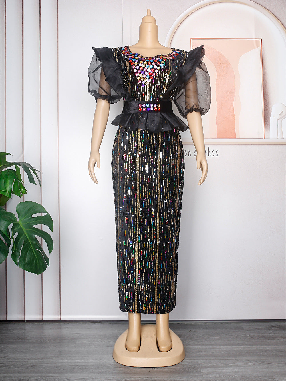 new party evening dress, heavily rhinestone embellished, hot-selling  african women's dress with belt included