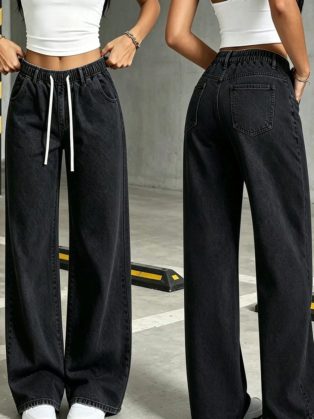 Fashionjeans women's washed drawstring elastic waist loose pantscasualloosedrapedmopstraight-leg pants