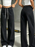 Fashionjeans women's washed drawstring elastic waist loose pantscasualloosedrapedmopstraight-leg pants