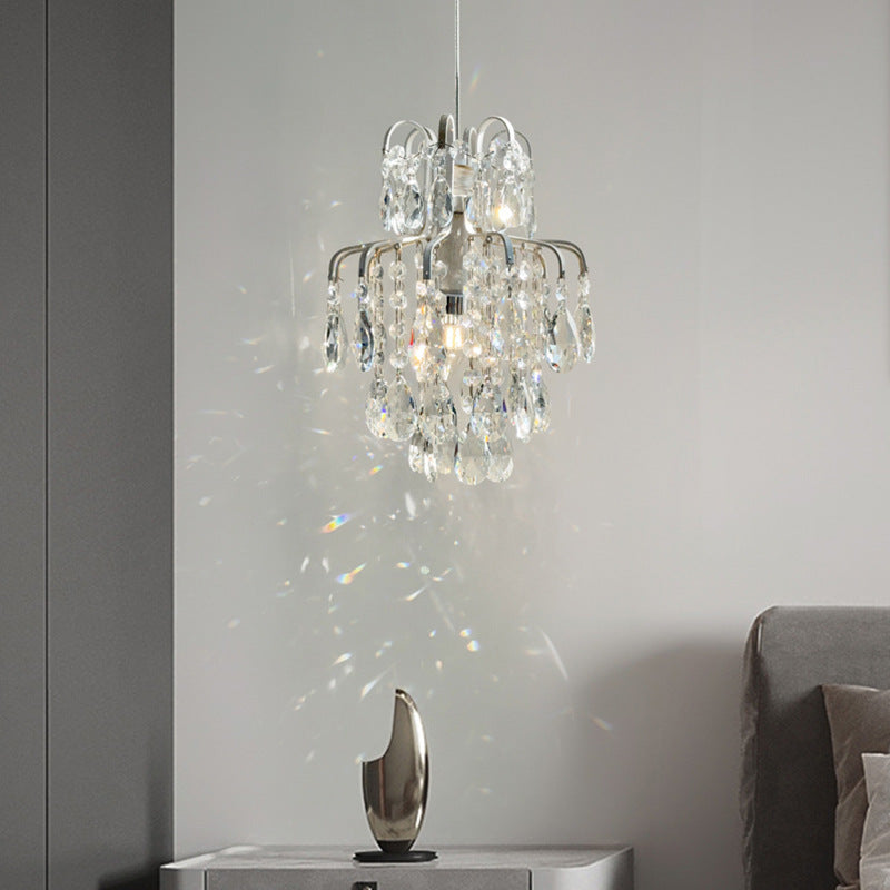 French retro cream white crystal teardrop mini pendant light - cream style for bedroom, bedside, entryway, bay window, and homestay