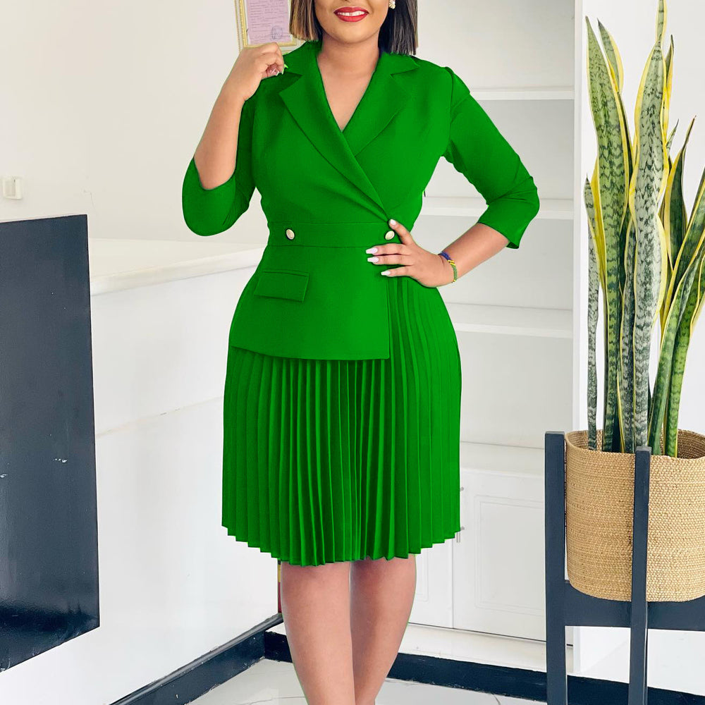 D543 women's foreign trade   autumn new fashion elegant blazer collar solid color pleated african dress