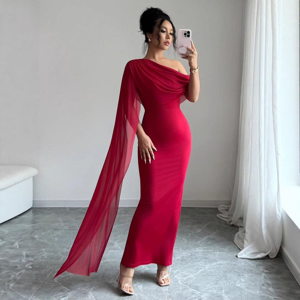 Amazon cross-border women's fashion: european and american style one-shoulder evening gown, long dress with cape sleeves, slim-fit bodycon, slit hem, socialite dress
