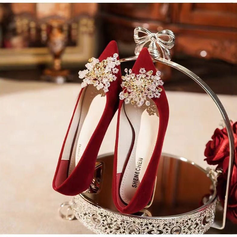 2025 red suede wedding shoes bridal shoes pointed toe rhinestone flower low heel square heel wedding party shoes