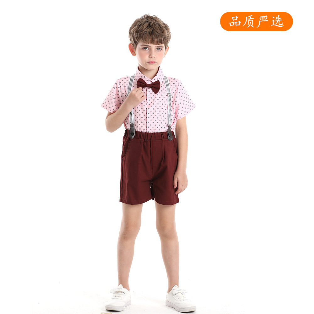 New children's clothing wholesale: boys' pink short-sleeve shirt & overalls set - perfect for children's day, birthdays, performances, and special occasions