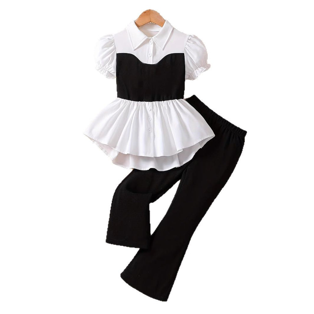 Exportsummergirlsuitshirt waist vest patchwork lace hem fake two-piece kidspantstwo-piece set