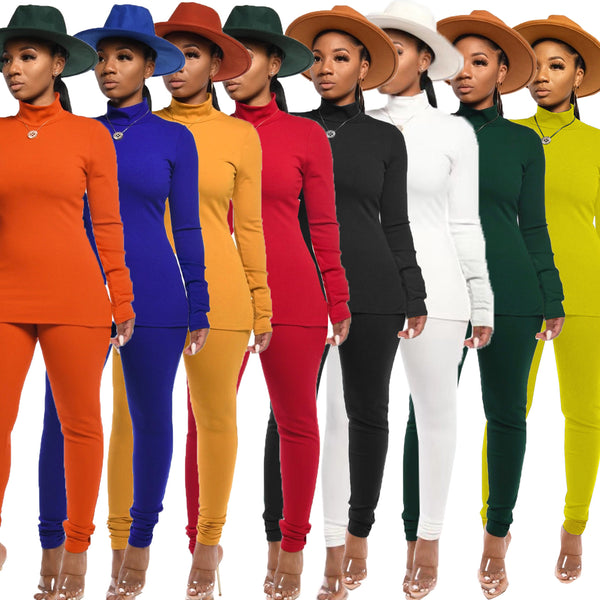 Z064 European and American sexy women's clothing autumn and winter turtleneck solid color two-piece set