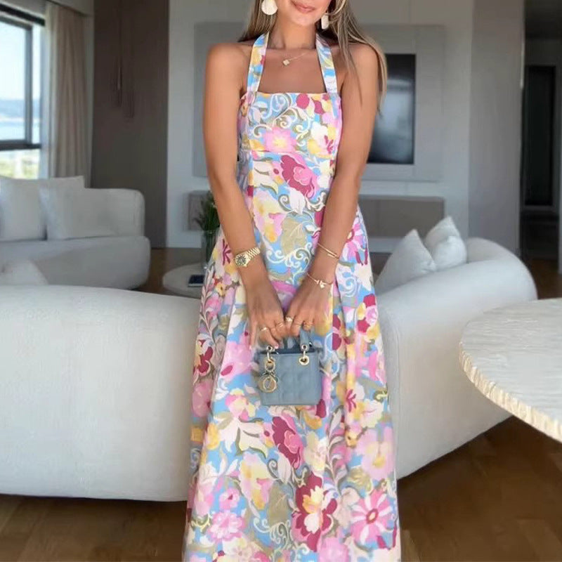 European and american autumn new arrivals: sweet & spicy vacation-ready slim-fit digital print cami dress with lace trim and flowy skirt - premium quality