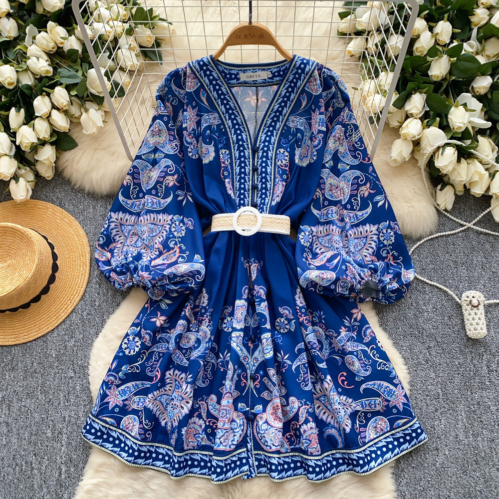 Palace style dress for women new arrivalfashionretrov neck lantern sleeve waist printing a line dress short skirt