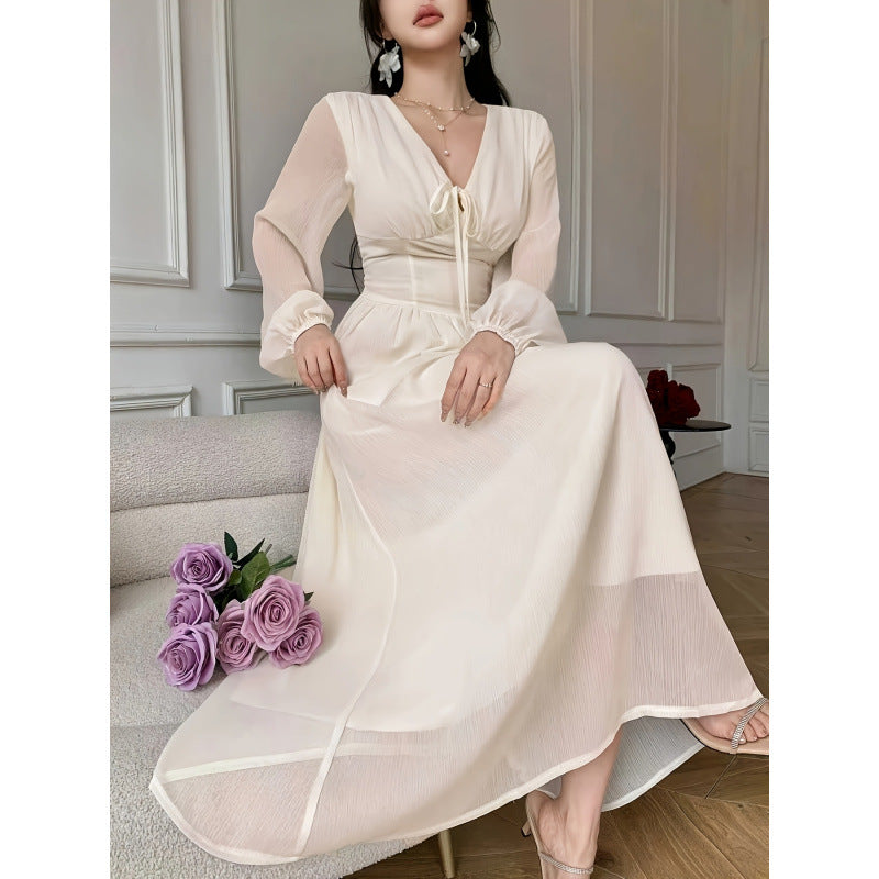 Women's spring/summer fashionable and elegant solid color v-neck tie-waist long sleeve a-line maxi party dress