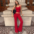 Amazon  summer fashion solid color lace trim cami top & cropped slim-fit straight-leg pants set