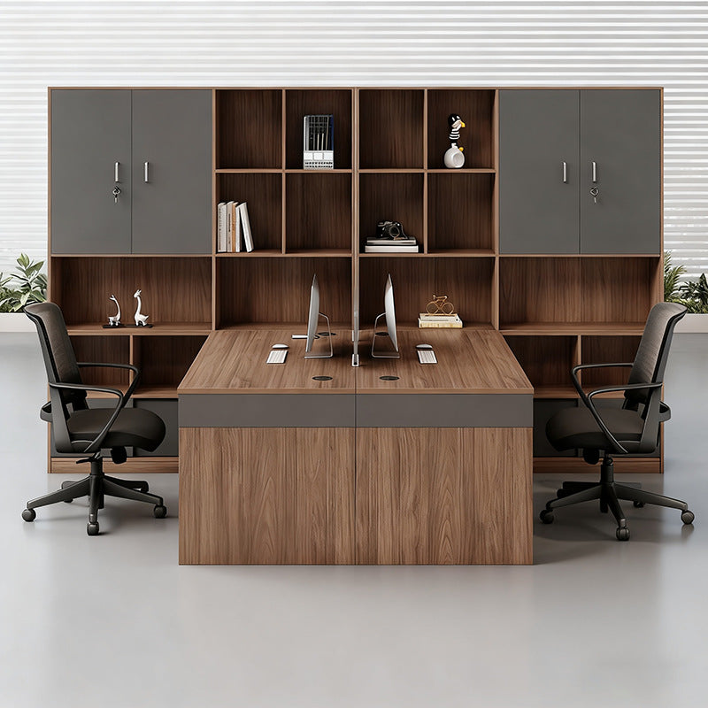 Financial office desk set - executive office desk with high cabinet, two-seat facing configuration for accountants and managers