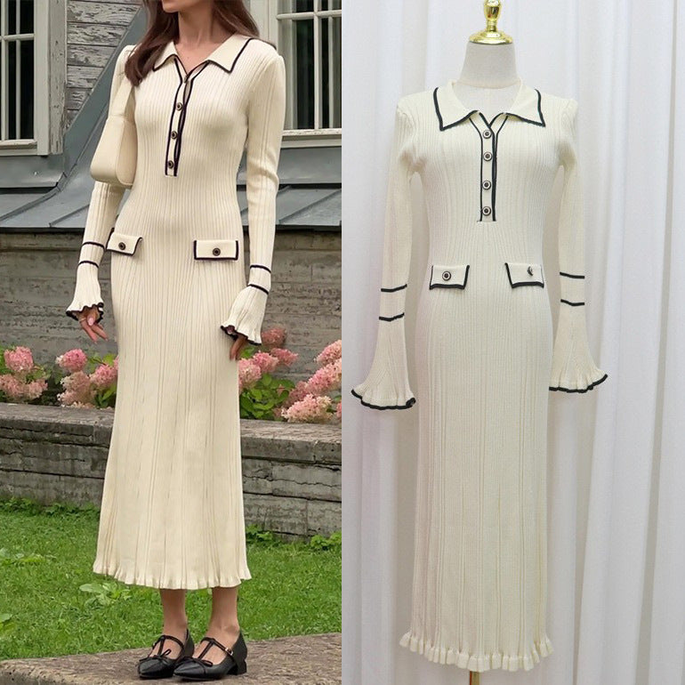 fashion style fall and winterfrench socialitelong sleevesdress lapel button fungus edge knitting skirtlong sleeves