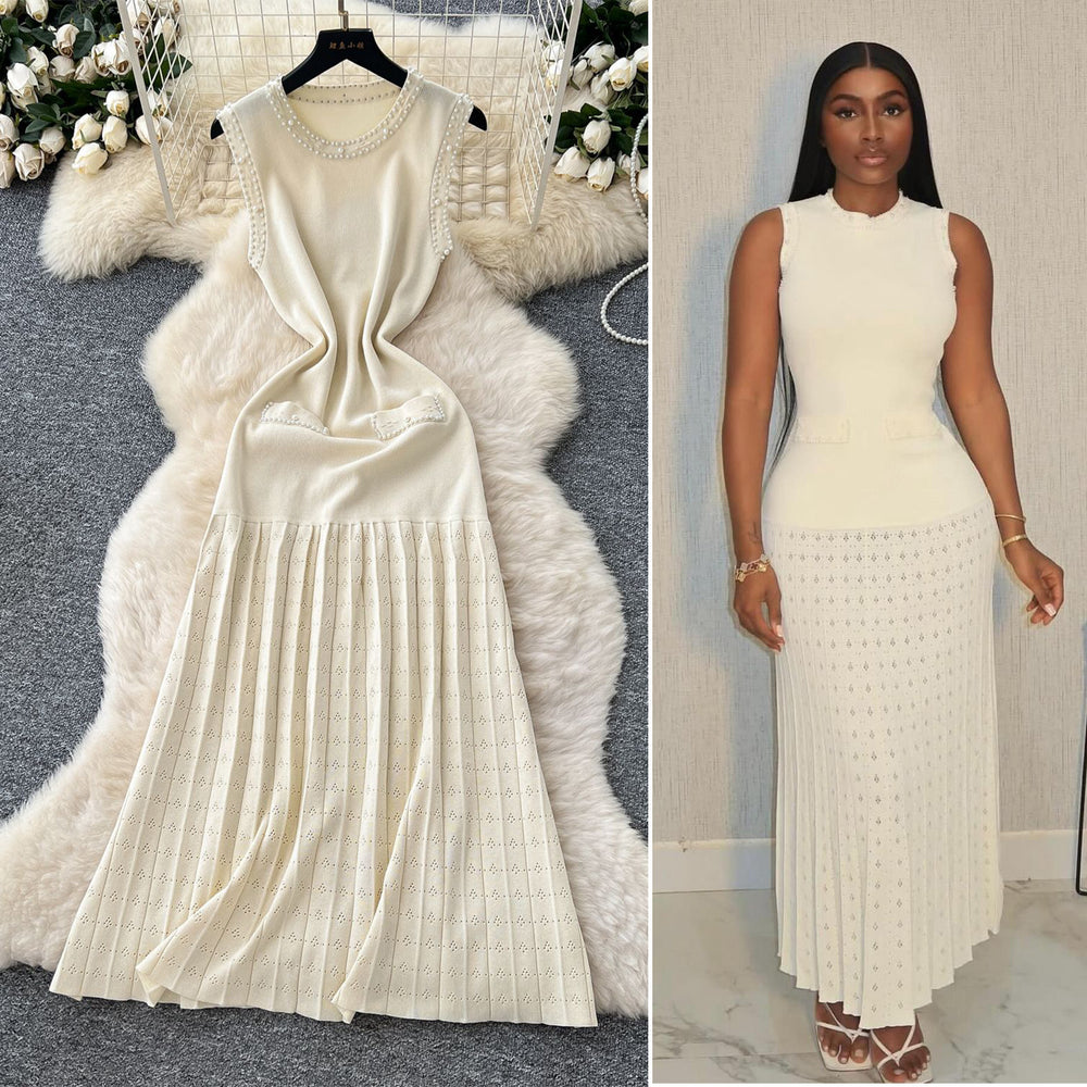 Frenchaccessible luxury celebrity heavy industry beading round neck sleeveless dress women's summer waist elegant knitting vest long skirt