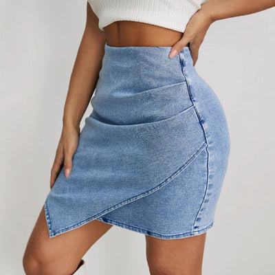 Pre-sale-16011# cross-border european and american  women's high-waisted pleated asymmetrical hip-covering denim skirt