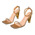 Women's gold heeled sandals - evening party, unique heel, fashionable square toe, minimalist buckle, high heels, simple sandals