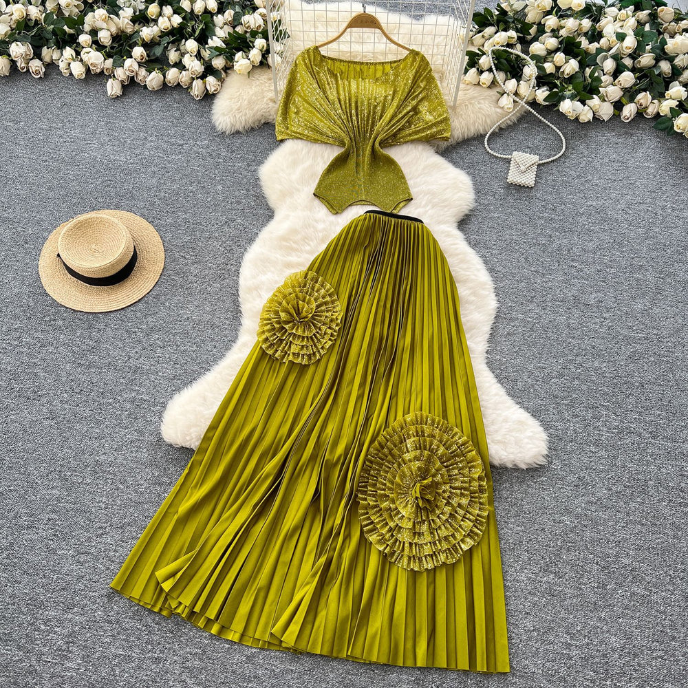 Miya pleated european and american style two-piece set: women's slim-fit short-sleeve pleated top with floral high-waisted pleated midi skirt