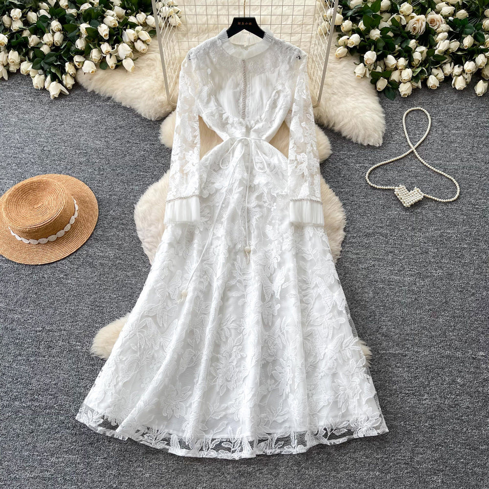 Korean style lace design elegant dress - women's summer long sleeve slim fit a-line dress - chic, professional, and high-end