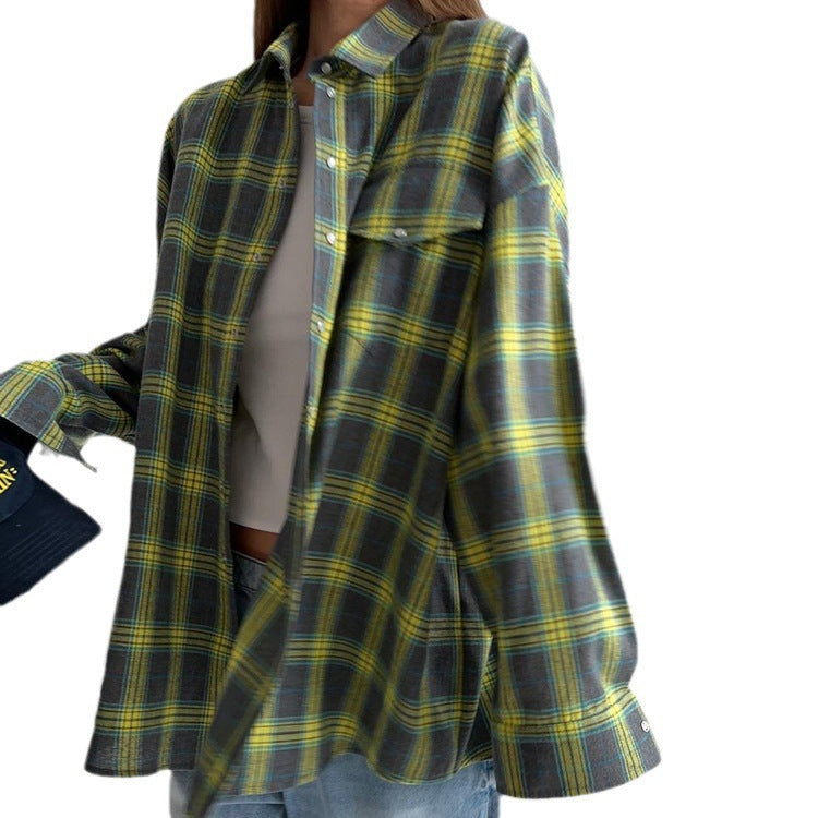 cross-border vintage style versatile turn-down collar loose fit shirt - spring/autumn plaid long sleeve pocket women's blouse