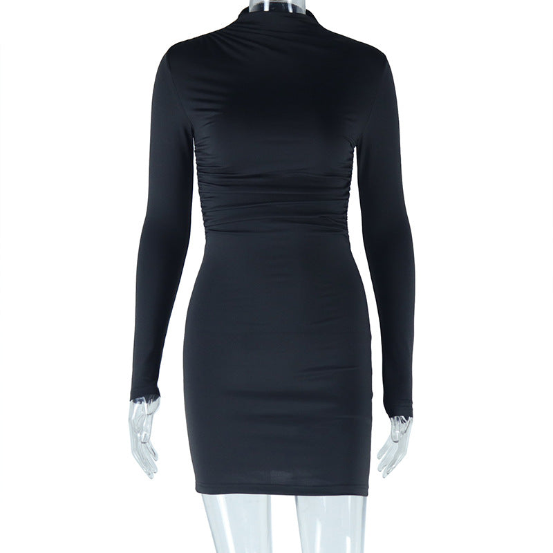 Fashion style insexport women's pure color round neck long sleevestopspulloverdress hip skirt trendy women's dress