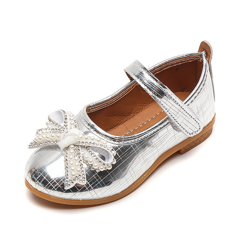 Girls'  spring bowknot soft-soled princess leather shoes for toddlers and young children - velcro closure, wear-resistant, and non-slip