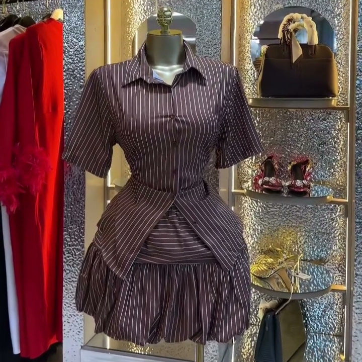 European and american cross-border women's fashion:  summer new collection - striped turn-down collar short-sleeve blouse and tulip skirt set