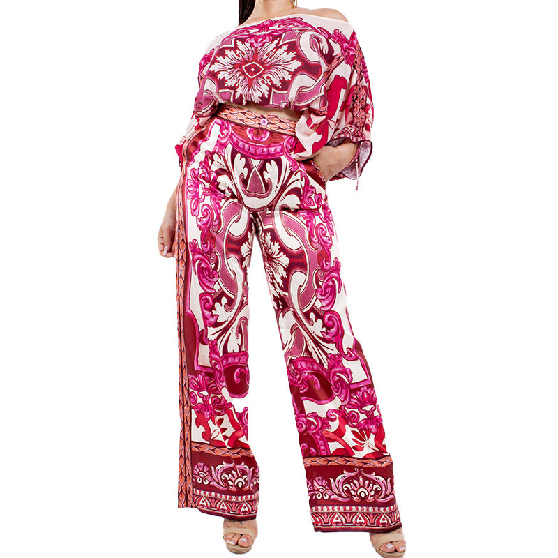 summer new women's clothing: cross-border european and american hot seller - color block retro print off-the-shoulder wide-leg pant set