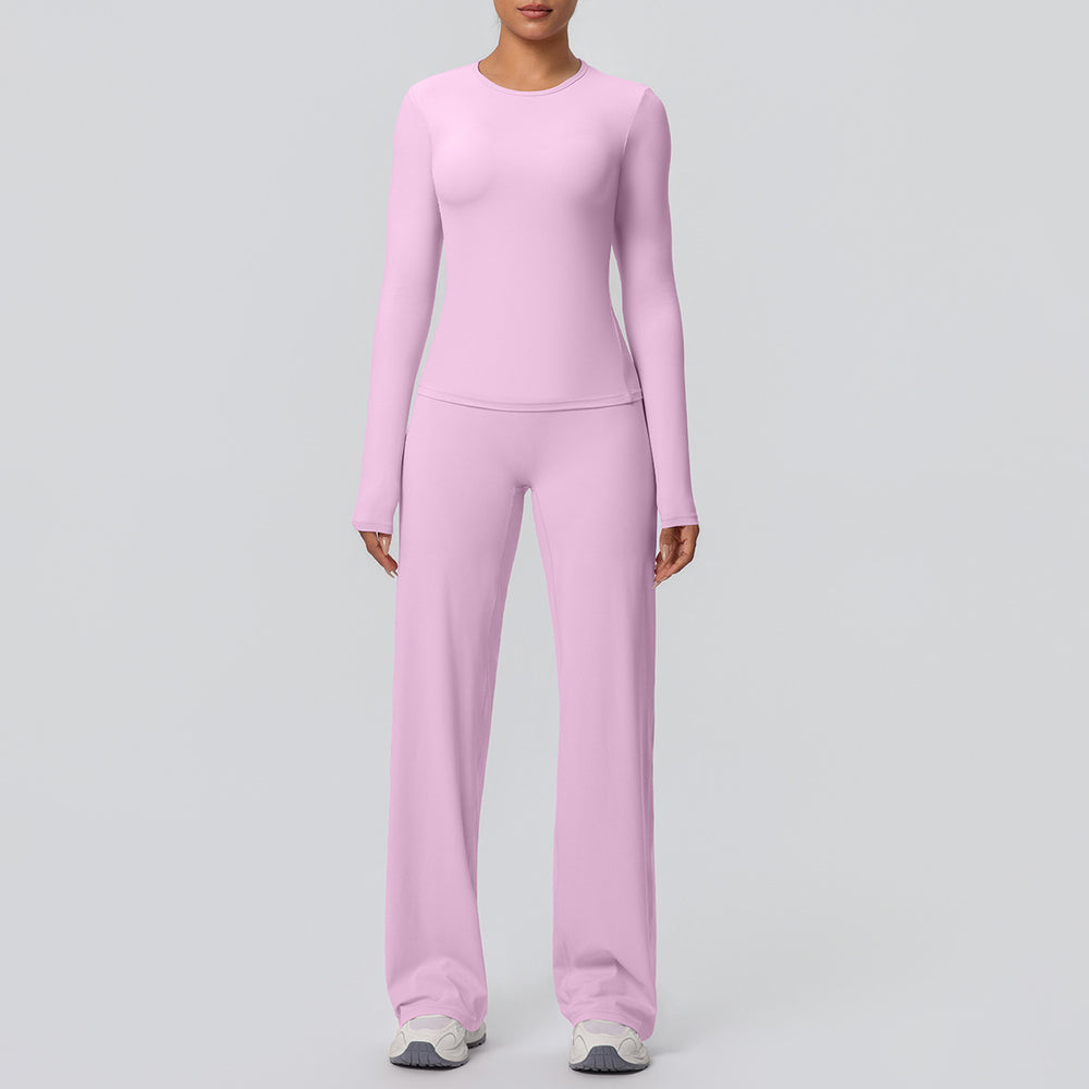Cloud-feel outdoor casual yoga outfit: long-sleeve t-shirt top & high-waisted wide-leg active wear set for running and fitness