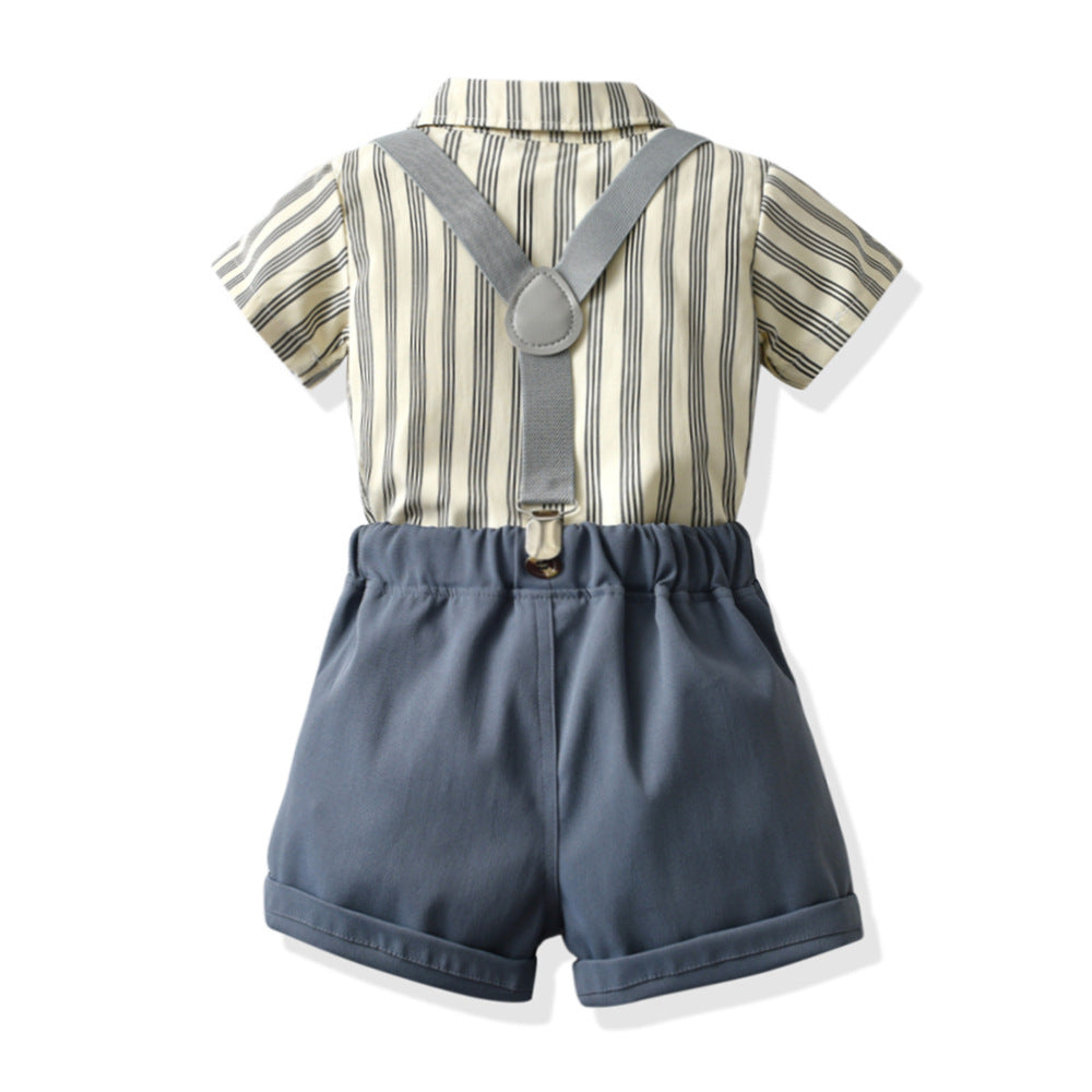 Korean style kids' outfit: new trendy striped short-sleeve overalls two-piece set for boys - lightweight summer korean fashion children's clothing