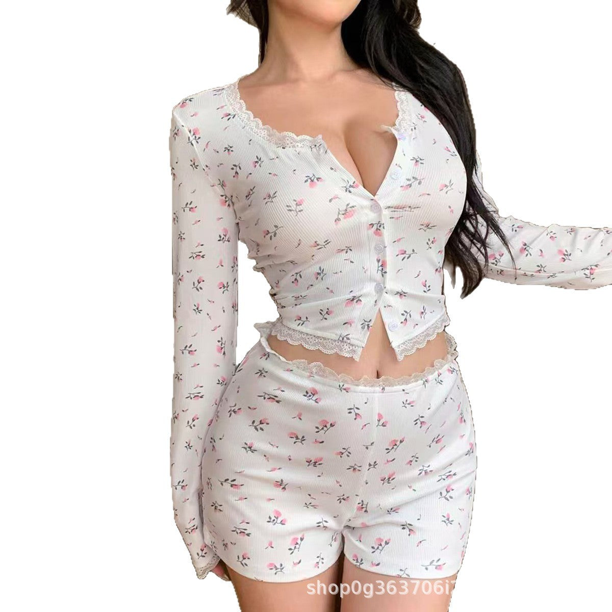 Cross-border European and American sexy pajamas lace lace tight floral long-sleeved cardigan waist shorts loungewear women's suit