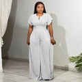European and american women's clothing  autumn new sweet and fresh striped v-neck batwing sleeve high-waisted wide-leg jumpsuit