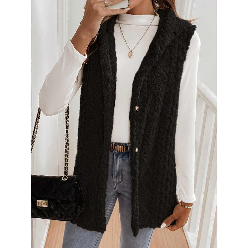 Europe and the United States   hot-selling explosion solid color double-sided plush hooded button cardigan casual women's autumn and winter vest