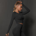 fashion seamless tight pure color pleated sports long sleevestops high elastic breathable running fitness yoga wear for women
