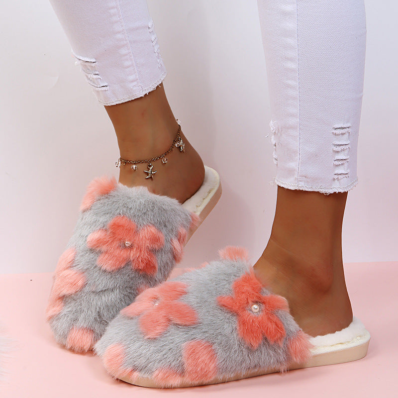 Thick solefall and winter shoes for women pearl flowers stuffedheattech fur slippers toe cap cotton slippers new arrivalin stock dropshipping
