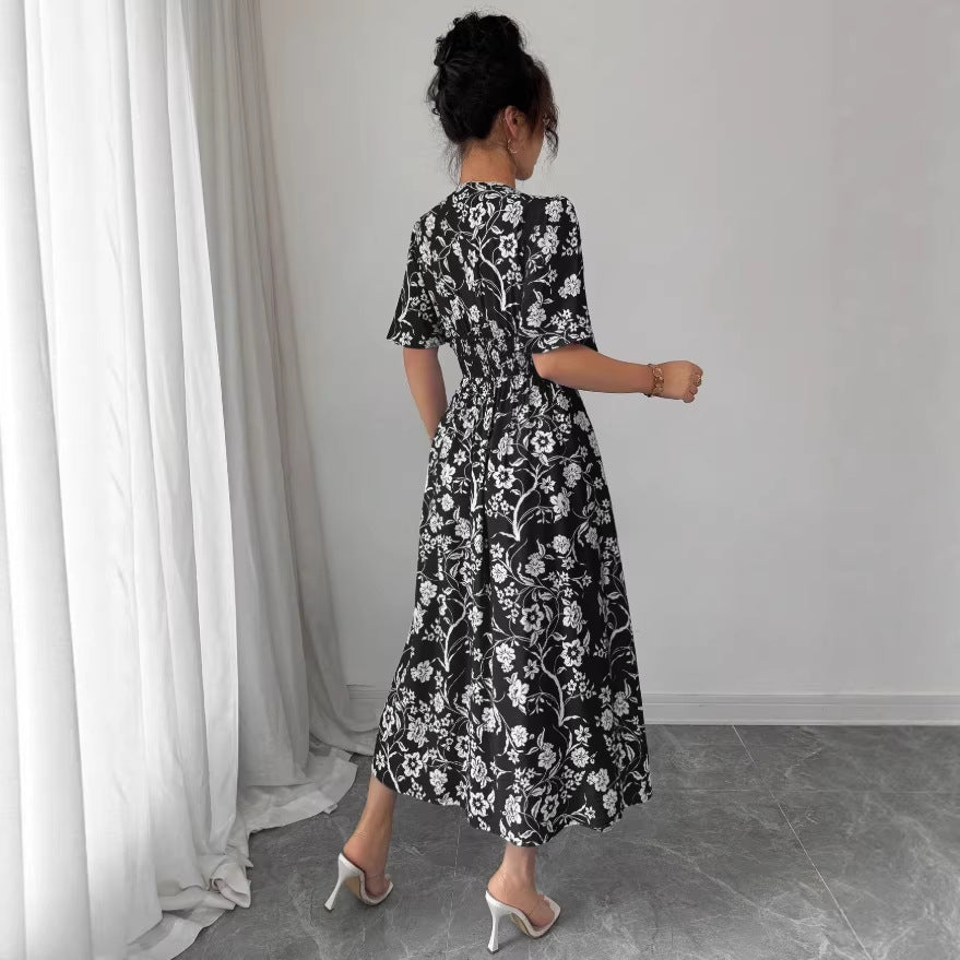French v neck black floral dress  summer new arrivalretro silm slimming look gentle british style midi skirt