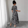 French v neck black floral dress  summer new arrivalretro silm slimming look gentle british style midi skirt