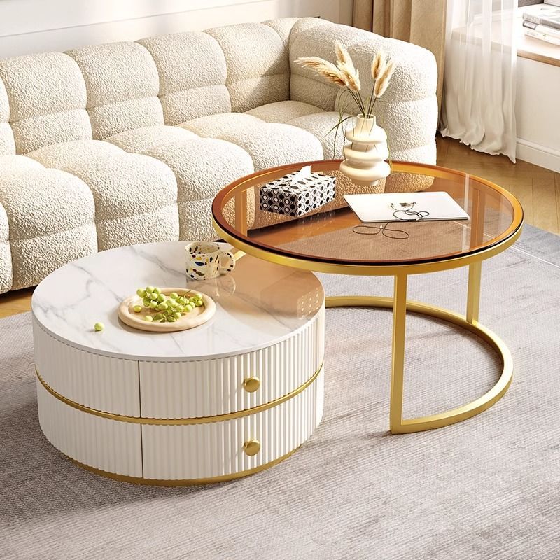 Coffee table living room for home rock slab small apartmentaccessible luxury modern round combination coffee table cream style