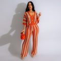 Amazon hot selling european and american women's sexy v neck cut outstripes lapel knitting wide pants suit
