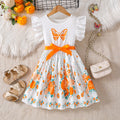 Exportsummergirldress flying sleeves ruffles orange butterfly printing waist large skirt kids a-line skirt