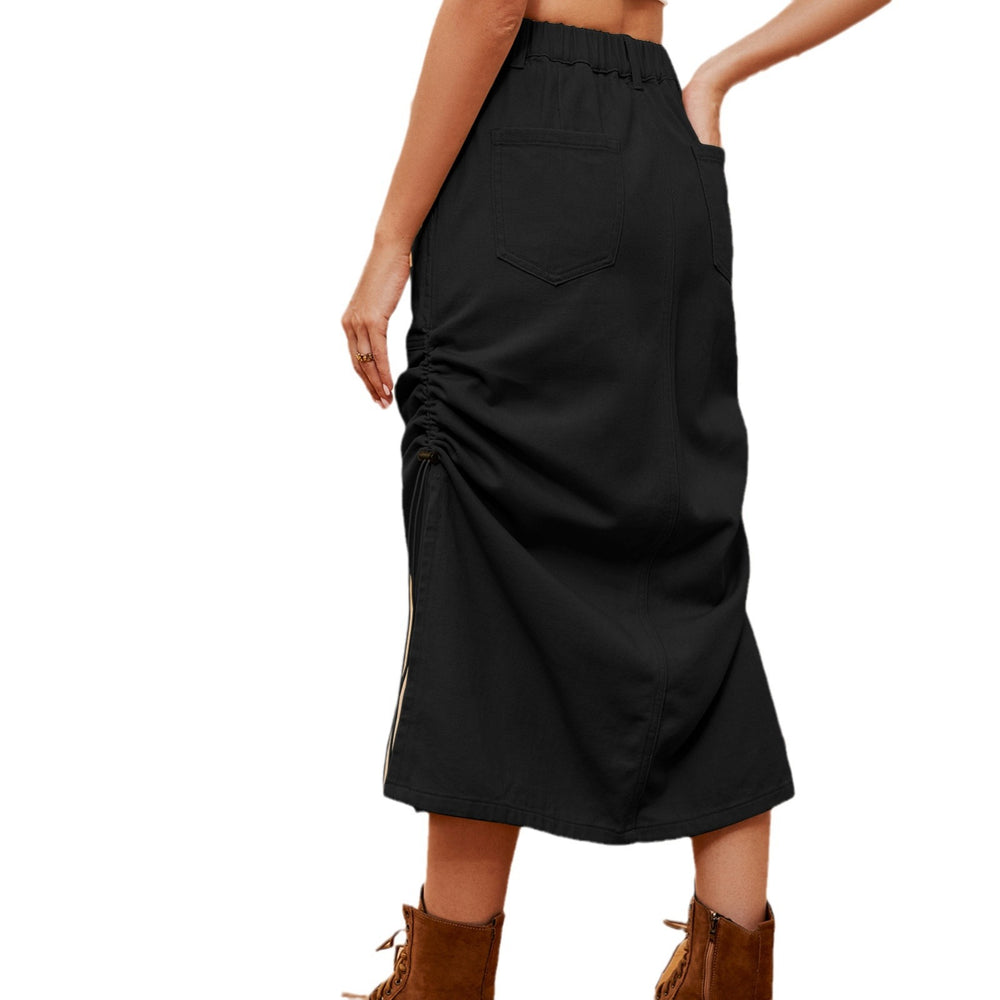 European and american cross-border trade women's summer new  independent station washed elastic waist drawstring denim midi skirt