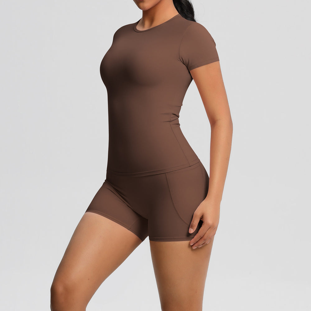 New arrival cross-border fashionpure color double-sided nylon brushed short-sleeved yoga suit sports running fitness two-piece set