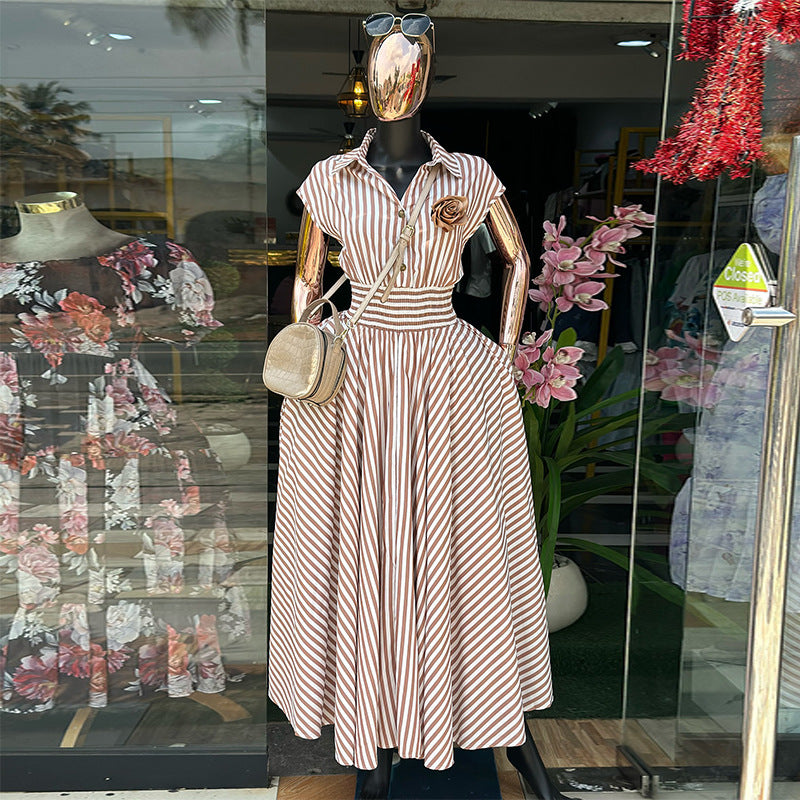 European and american cross-border women's spring  new arrival: elegant and chic striped high-waisted midi dress with turn-down collar and short sleeves