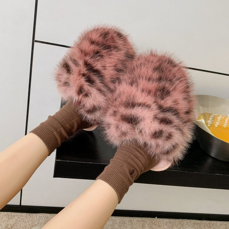 plus sizepure color fluffy large fur slippers soft bottom winter toe-cap home heattech multi-color cotton slippers