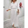 Women's lapel half sleeve jumpsuit button fly drawstring waist wide leg texture jumpsuit daily casual beach