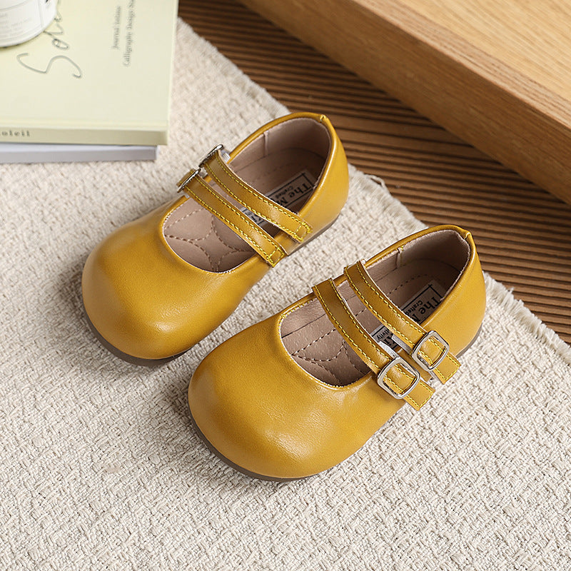 Girls' retro mary jane flats - new fashionable double-breasted versatile children's shoes - velcro soft sole leather shoes