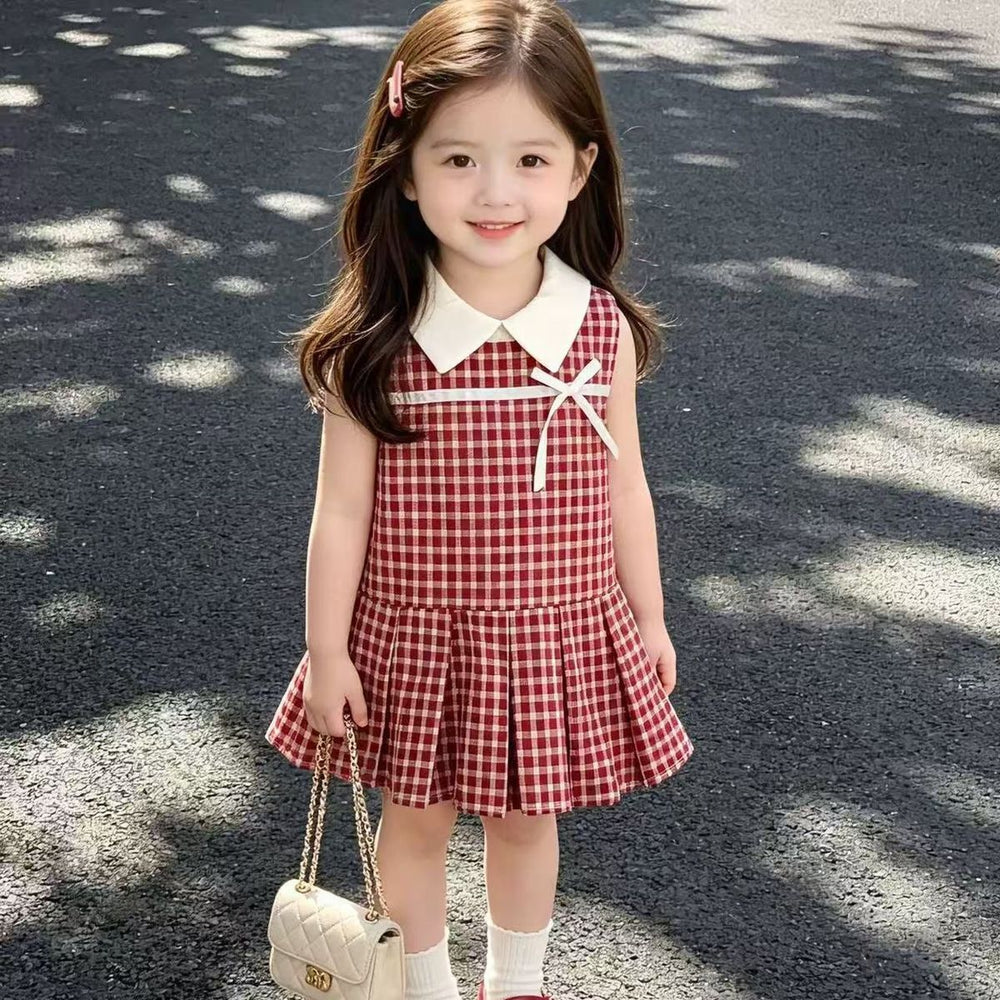 Girls' korean style outerwear dress - sweet plaid fresh summer new bowknot vest princess dress