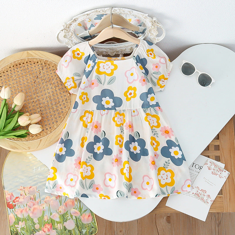 Girls' summer floral dress - trendy bubble sleeve sundress for kids - stylish cartoon print dress