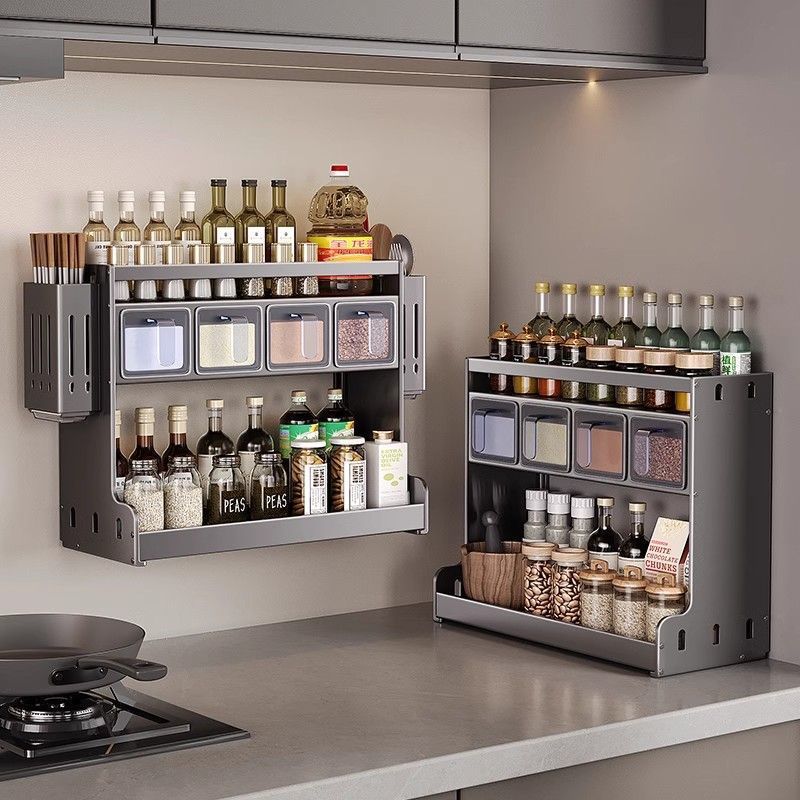 Kitchen rack Wall-mounted non-punching oil, salt, sauce and vinegar storage Wall-mounted multi-functional condiment tank seasoning box