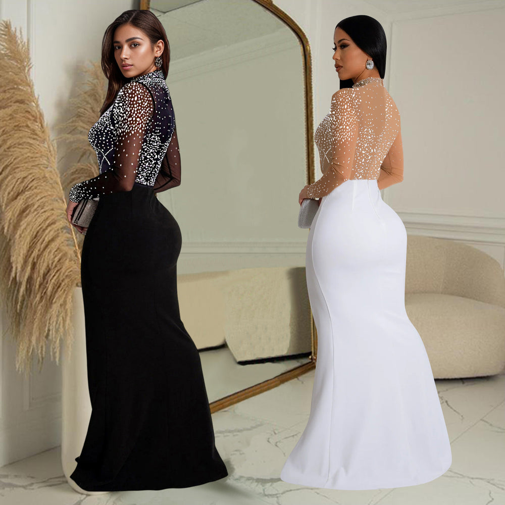 C7045 cross-border   independent station fashionable women's hot diamond slit long dress new